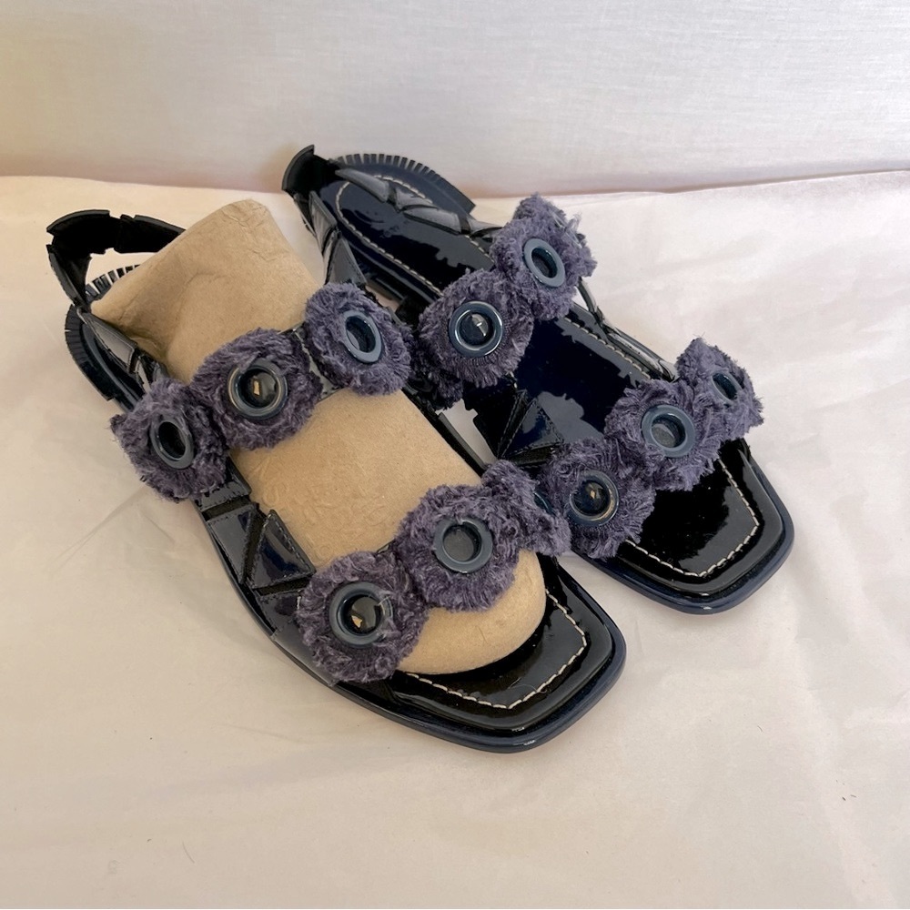 Tory Burch Navy Blue Mixed Materials Flat Square Toed Stretchy Sandals